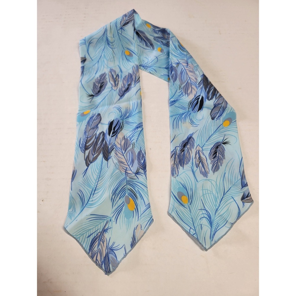 Mademoiselle Vintage Blue Peacock Feather Print Skinny Scarf Polyester 28x4